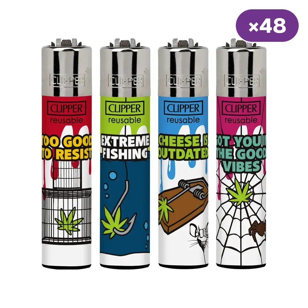 Selección de encendedores Clipper Green Bait con distintos colores y dibujos de hojas, anzuelos y trampas; distintivo de 48 unidades.