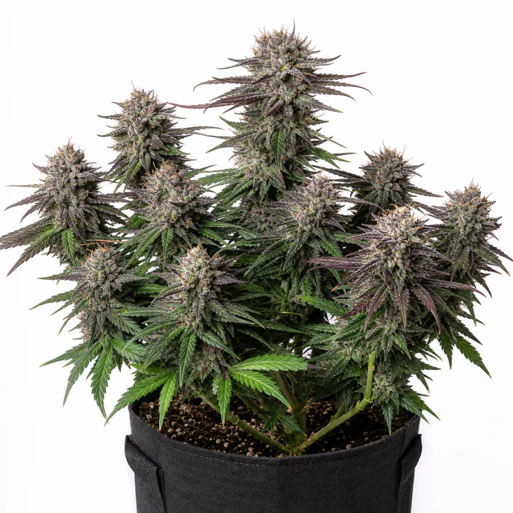 Planta de cannabis en floración en maceta textil negra, con numerosos cogollos y hojas verdes y moradas sobre fondo blanco.