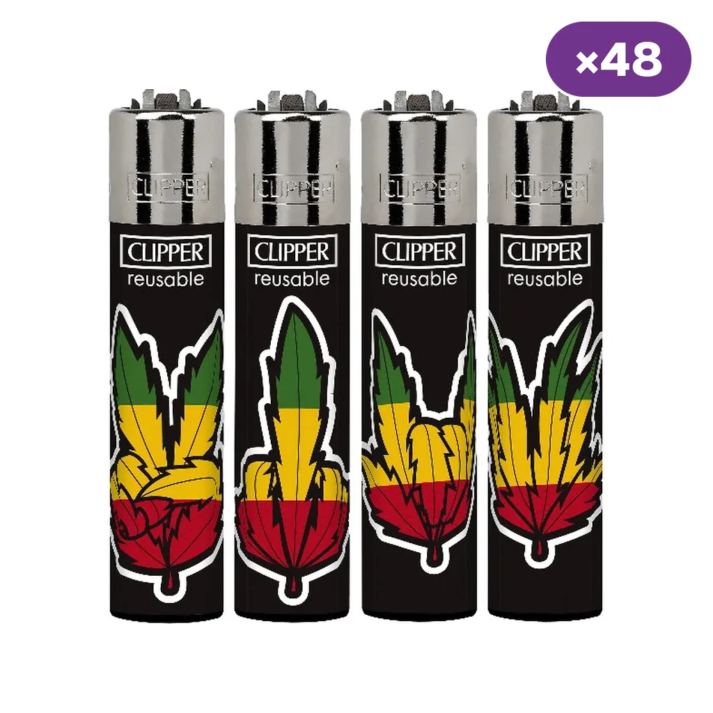 Encendedores Clipper Green Hands negros con distintos gestos de manos y hojas en verde, amarillo y rojo; distintivo de 48 unidades.
