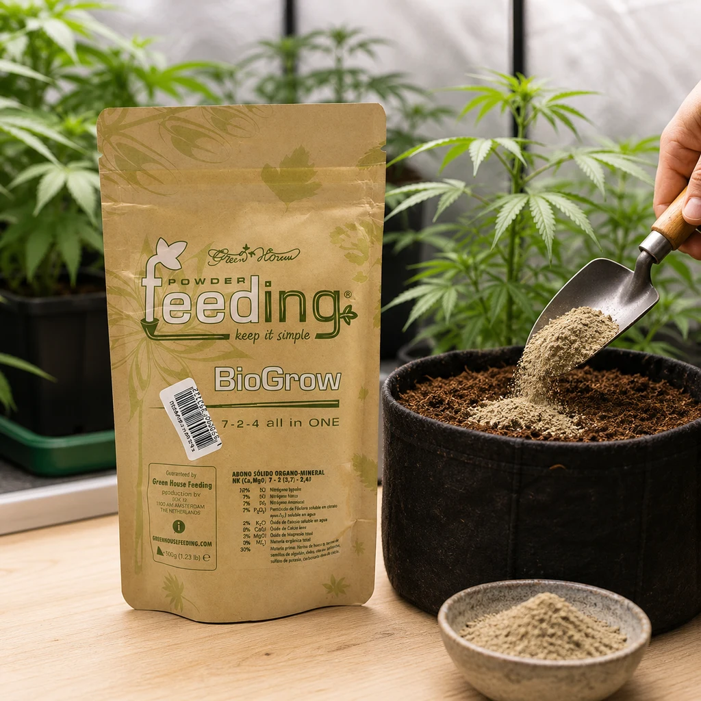 Bolsa de BioGrow junto a una maceta de tela mientras una mano vierte polvo con una pala sobre el sustrato, con plantas al fondo.