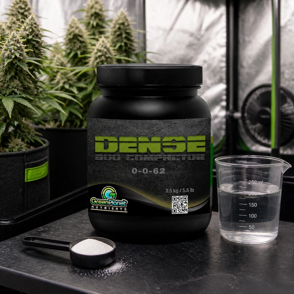 Bote negro de Dense Bud Compactor de Green Planet, con etiqueta 0-0-62, junto a una cuchara con polvo blanco y un vaso medidor ante plantas. Bote negro de Dense Bud Compactor de Green Planet, con etiqueta 0-0-62, junto a una cuchara con polvo blanco y un vaso medidor ante plantas.