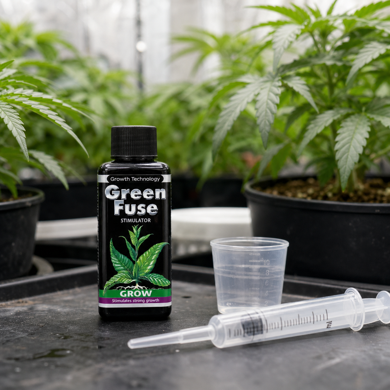Frasco de GreenFuse Grow junto a un vaso dosificador y una jeringa sobre una mesa, con plantas de cannabis en macetas al fondo.