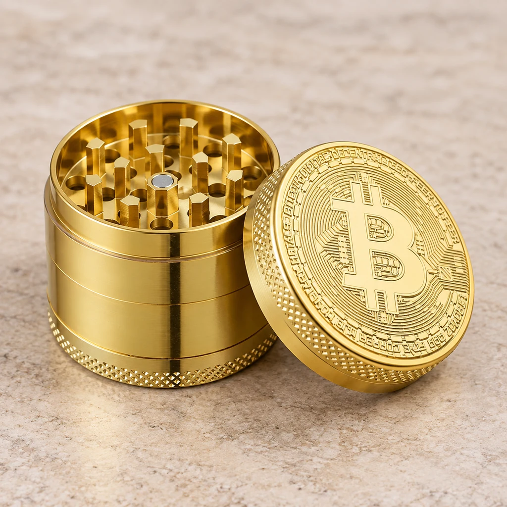 Molinillo dorado abierto sobre una superficie beige, con dientes visibles y tapa apoyada a un lado con el símbolo de Bitcoin grabado.