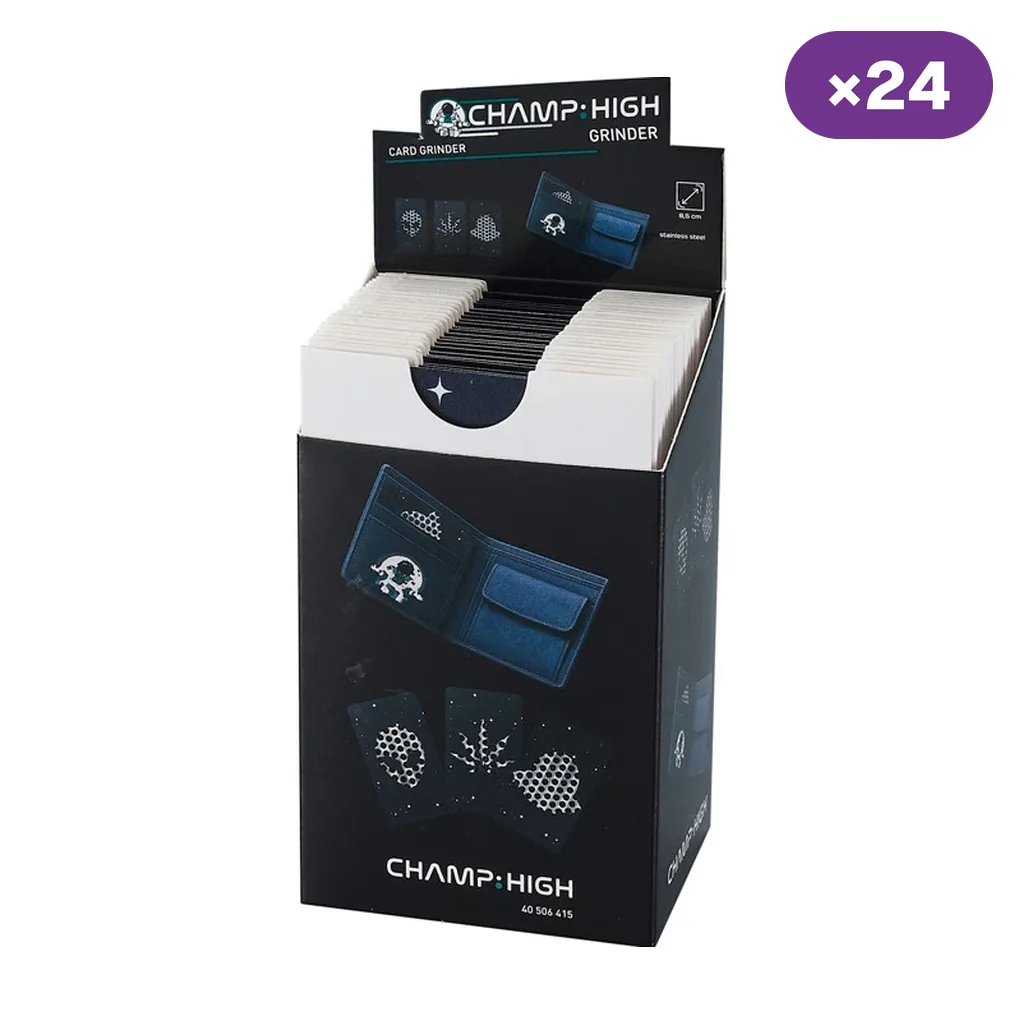 Expositor Champ High de grinders tipo tarjeta con varios diseños perforados, una cartera ilustrada y el distintivo de 24 unidades.