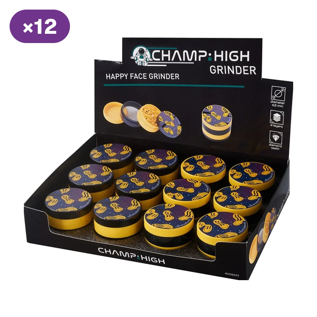 Expositor negro de grinders Champ High Happy Face amarillos y negros, con caras sonrientes estampadas y distintivo de 12 unidades.