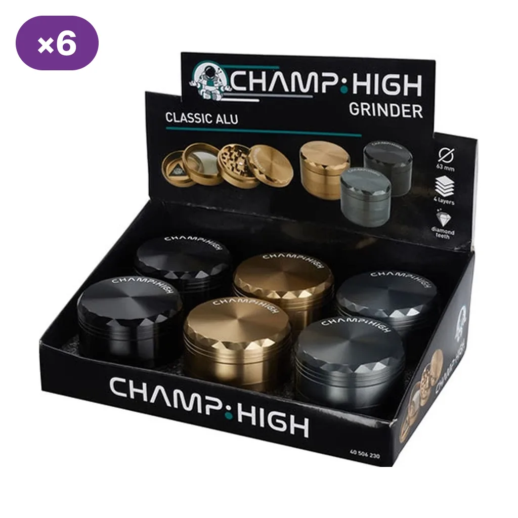 Expositor de grinders Champ High Classic en tonos negro, dorado y gris, con tapas circulares y bordes facetados.