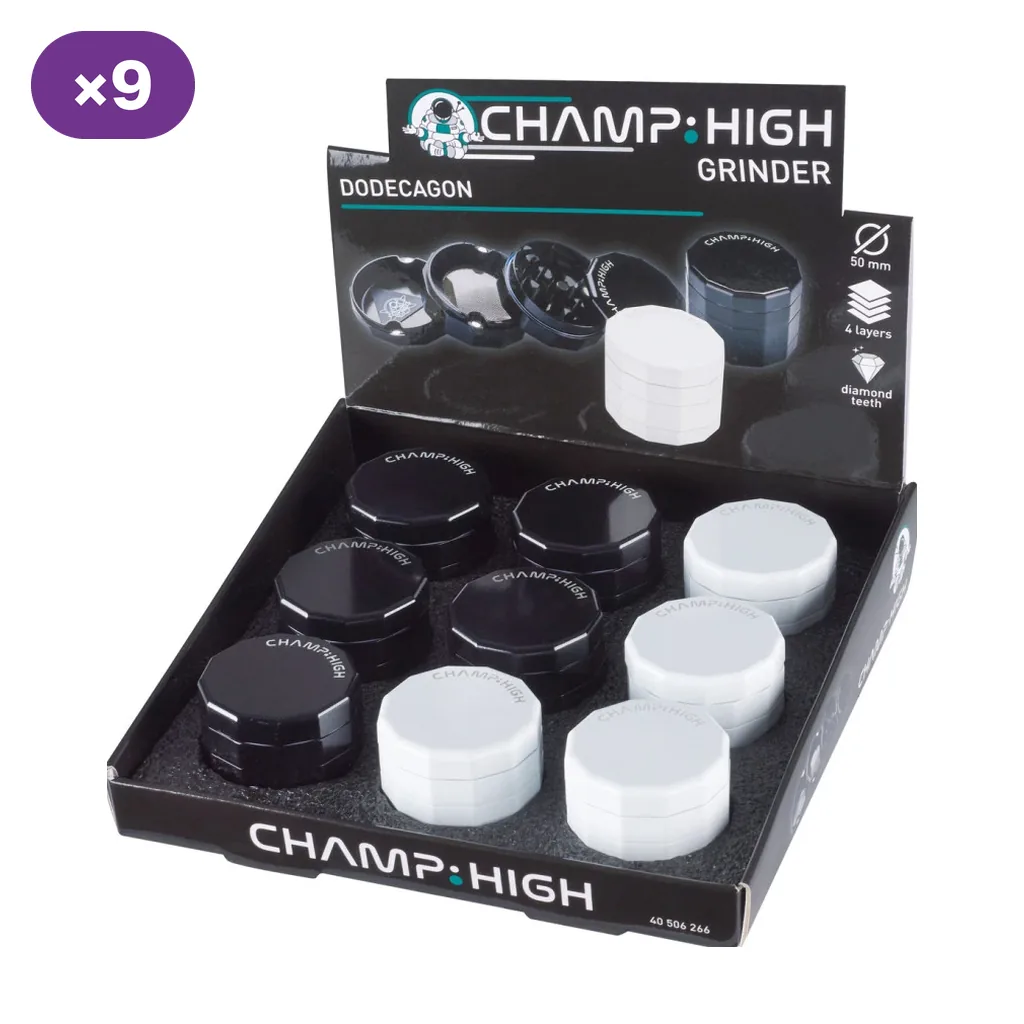 Expositor Champ High Dodecagon con nueve grinders negros y blancos de contorno facetado y un gráfico de sus piezas separadas.