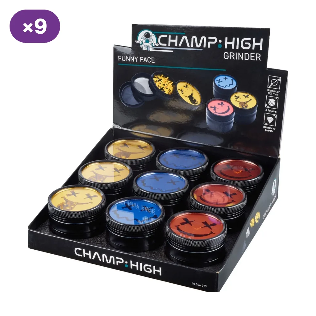 Expositor de grinders Champ High Funny Face negros, con tapas amarillas, azules y rojas decoradas con caras sonrientes.