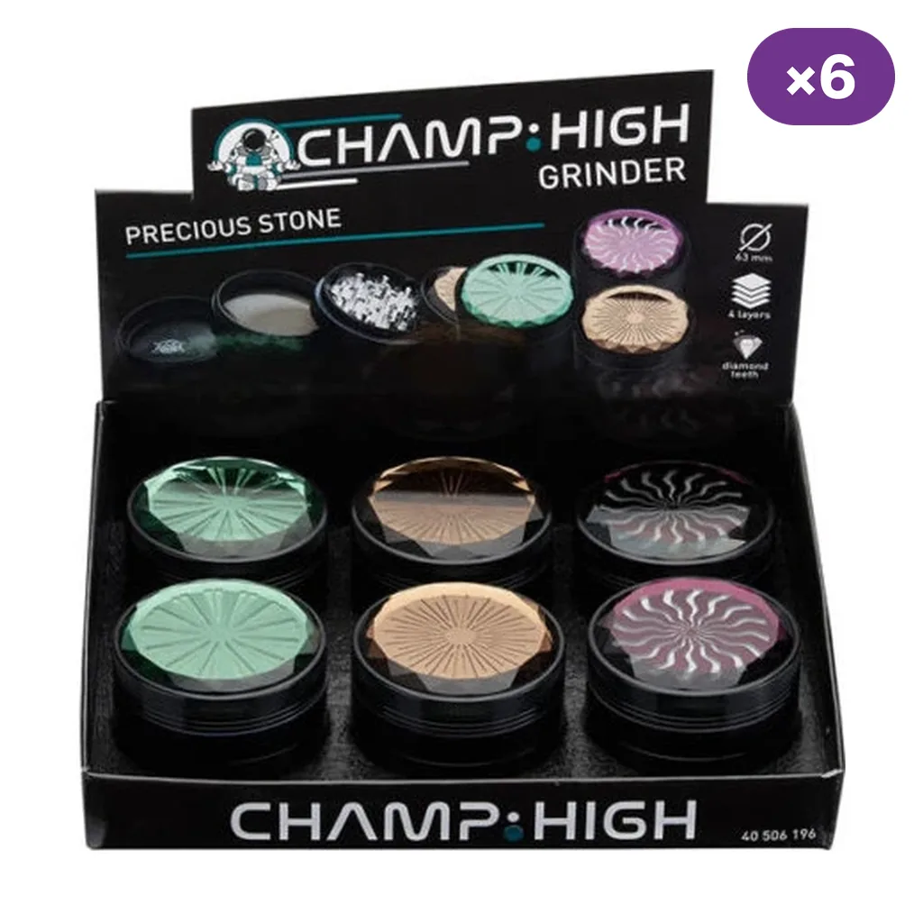 Expositor Champ High con grinders negros y tapas de distintos diseños geométricos en tonos verdes, dorados y morados.