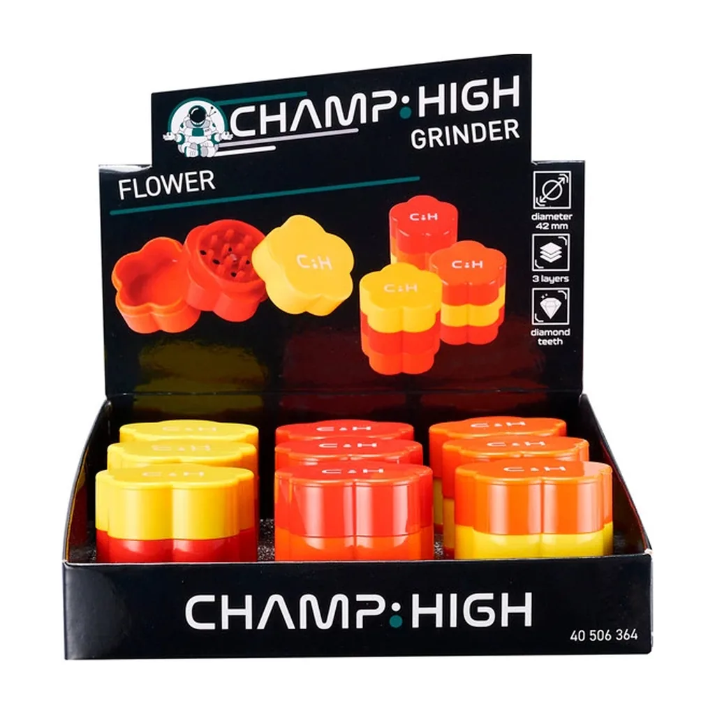 Expositor Champ High con varios grinders en forma de flor, en amarillo, naranja y rojo, y un panel con el modelo abierto.