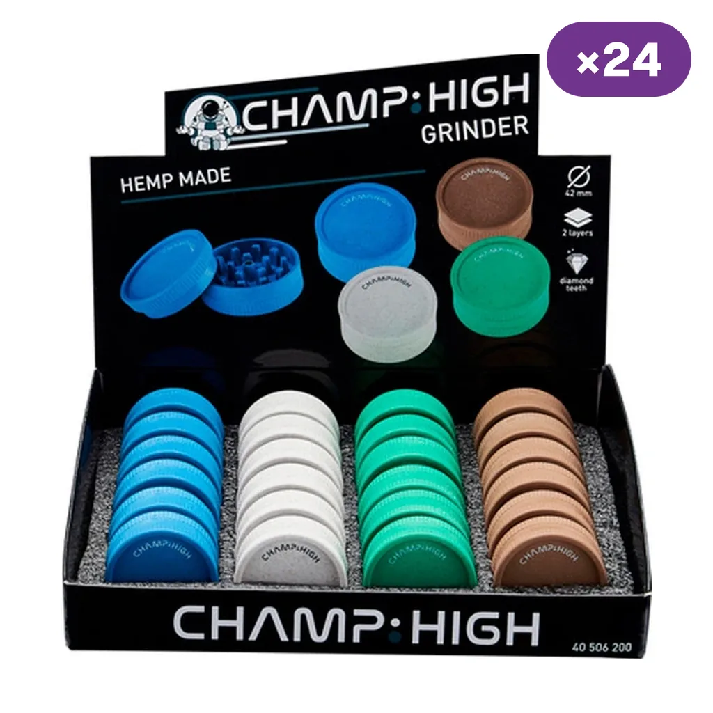 Expositor Champ High con grinders azules, blancos, verdes y marrones; la cabecera muestra un modelo abierto e indica 42 mm y dos partes.