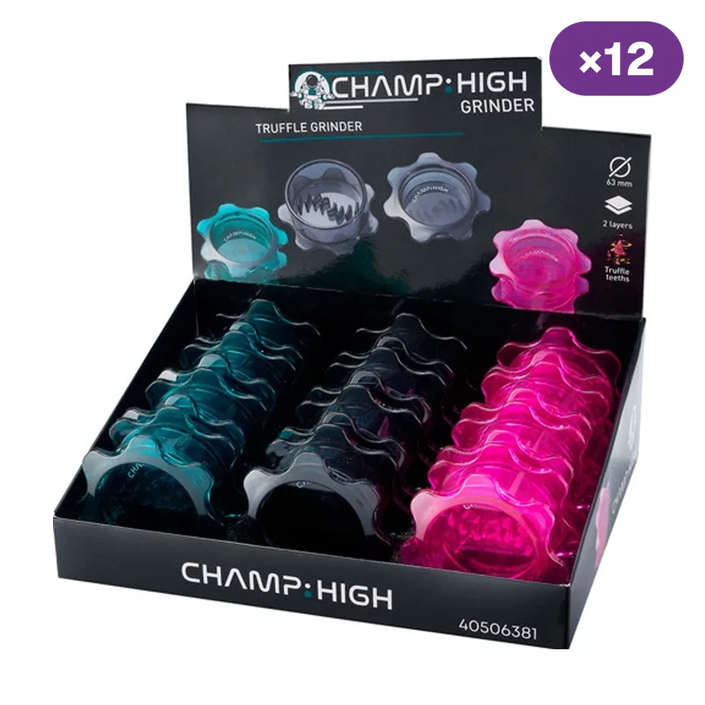 Expositor Champ High con 12 grinders de contorno ondulado en turquesa, gris y rosa, y dibujos de las piezas abiertas en el respaldo.