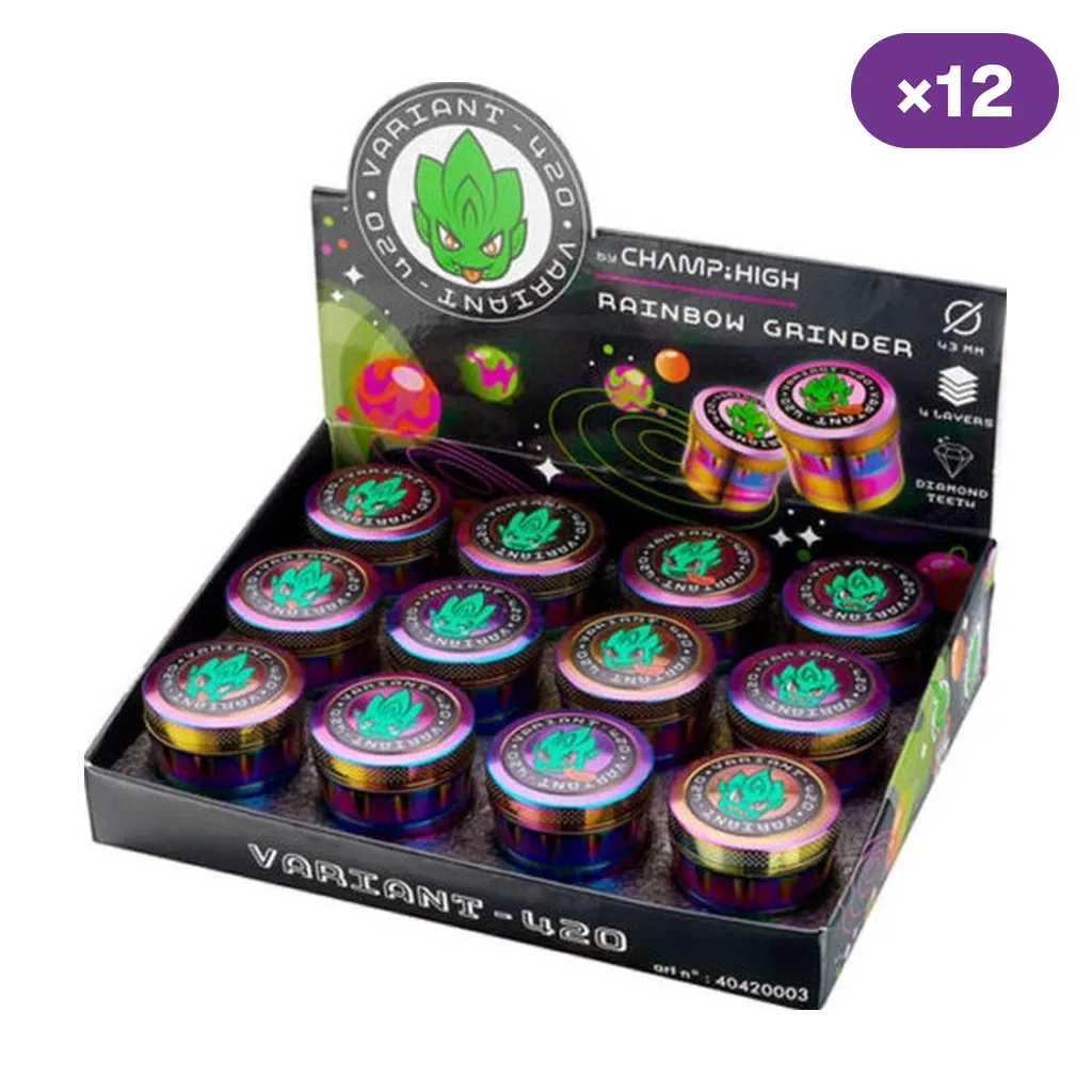 Expositor de doce grinders Champ High Rainbow V420 con acabado multicolor y un personaje verde en las tapas, sobre fondo blanco.