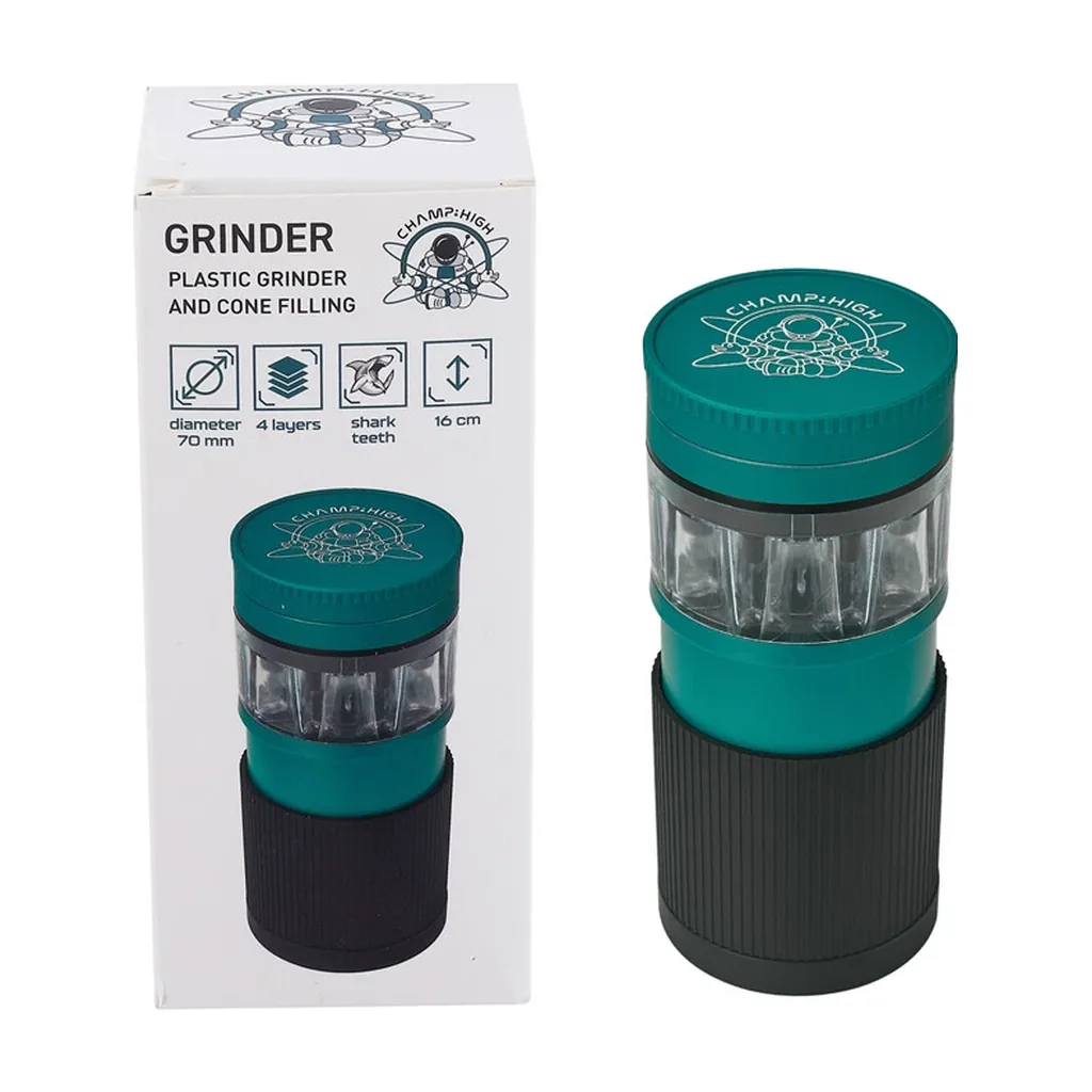 Grinder Champ High rellenador de tubos, con tapa turquesa, cámara transparente y base negra estriada, junto a su caja.