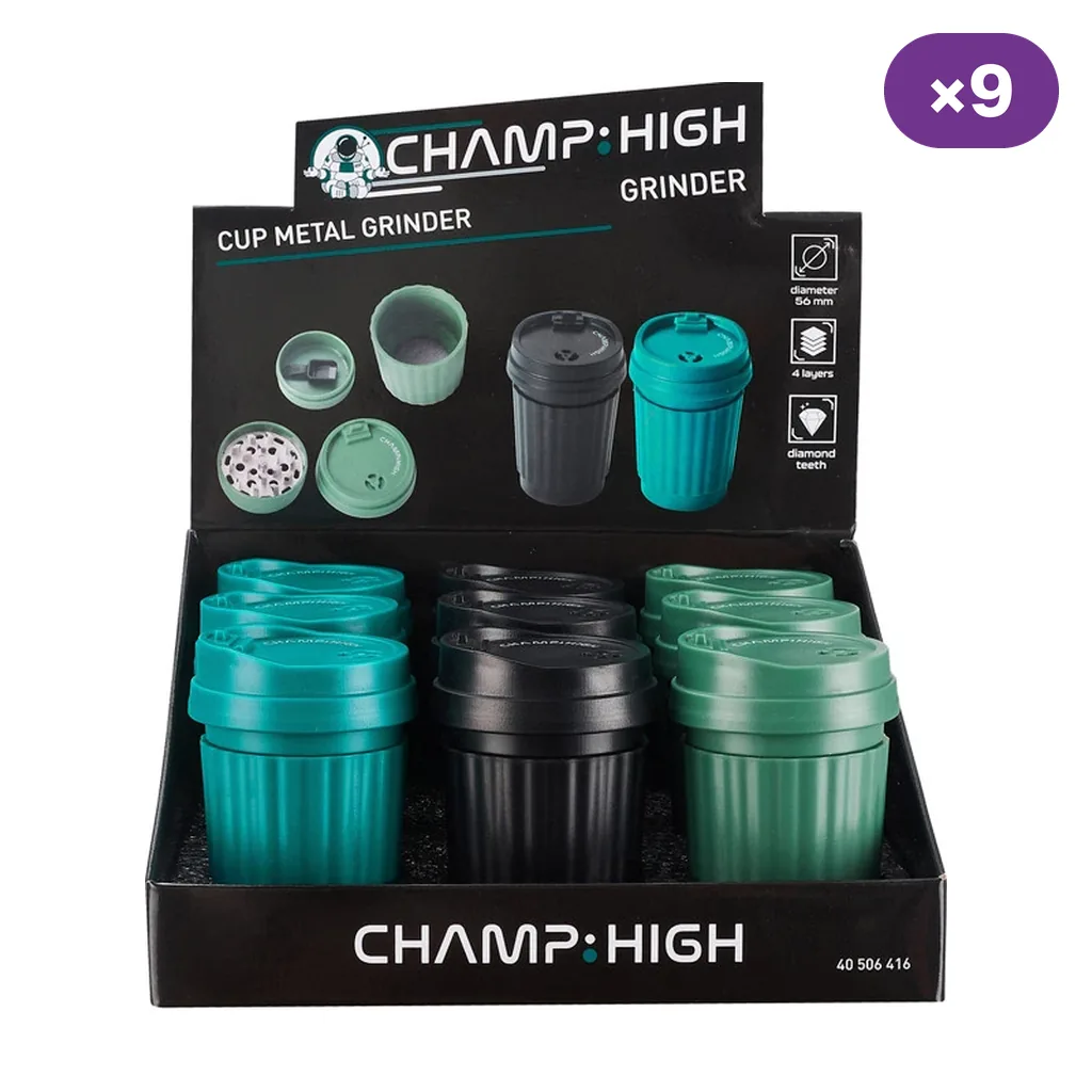 Expositor de grinders Champ High en forma de taza, en negro, turquesa y verde, con ilustraciones del despiece en el respaldo.