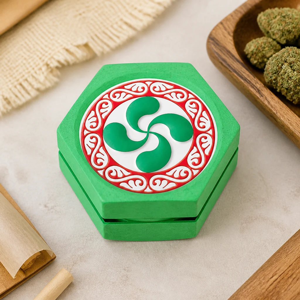 Grinder verde hexagonal con motivo central de cuatro brazos curvos y borde rojo y blanco, junto a papel de liar y una bandeja con cogollos.
