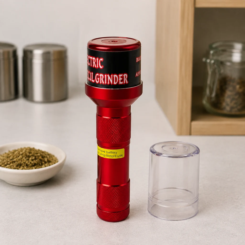 Grinder eléctrico rojo en posición vertical, con zonas de agarre texturizadas y tapa transparente separada sobre la encimera.