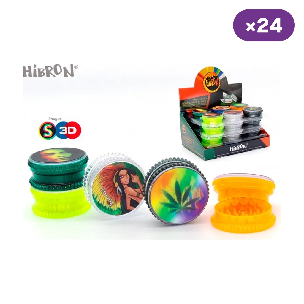 Selección de grinders Hibron de distintos colores y diseños en las tapas, uno naranja abierto y un expositor marcado con 24 unidades. Selección de grinders Hibron de distintos colores y diseños en las tapas, uno naranja abierto y un expositor marcado con 24 unidades.