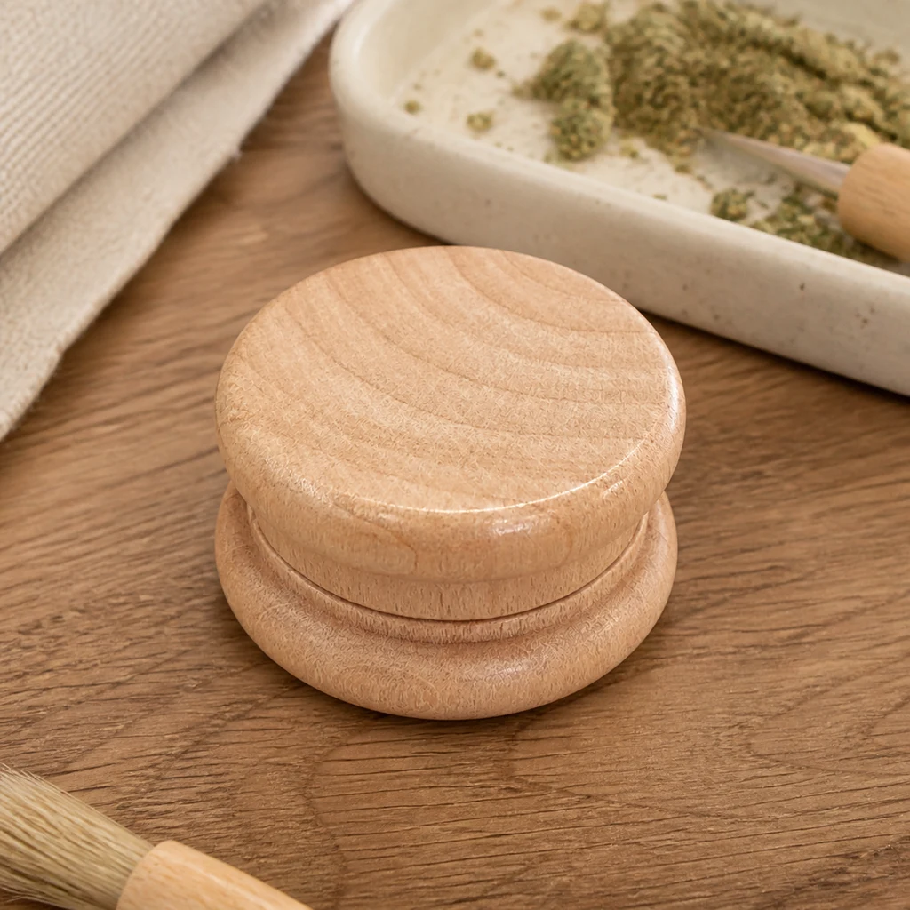 Molinillo de madera clara cerrado, de forma redonda y con vetas visibles, sobre una mesa junto a una bandeja con hierba triturada.