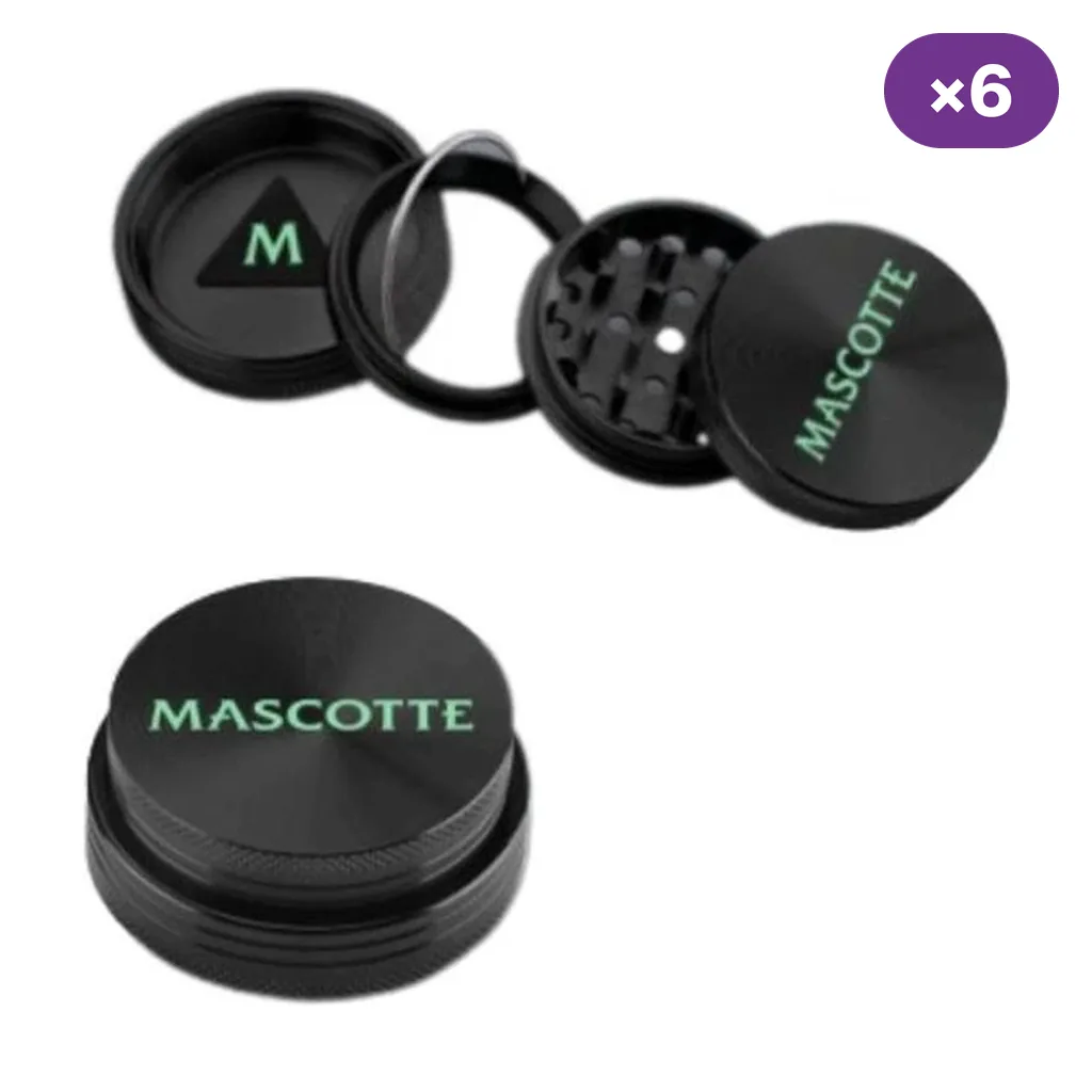Grinder negro Mascotte mostrado cerrado y con sus piezas separadas, con logotipo verde e indicación de seis unidades.