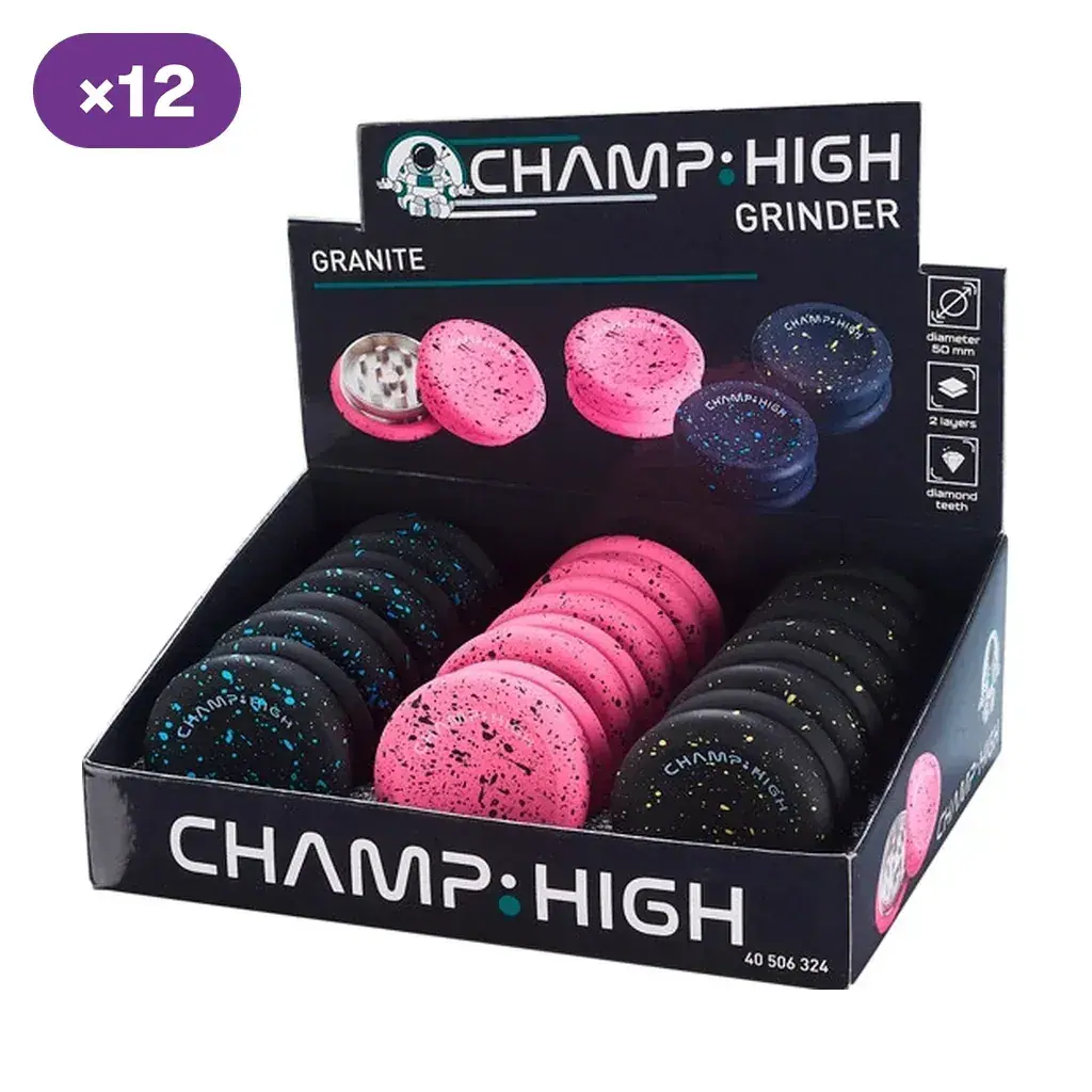 Expositor Champ High Granite con grinders rosas y oscuros de acabado moteado; el cartel muestra un modelo abierto de dos partes.