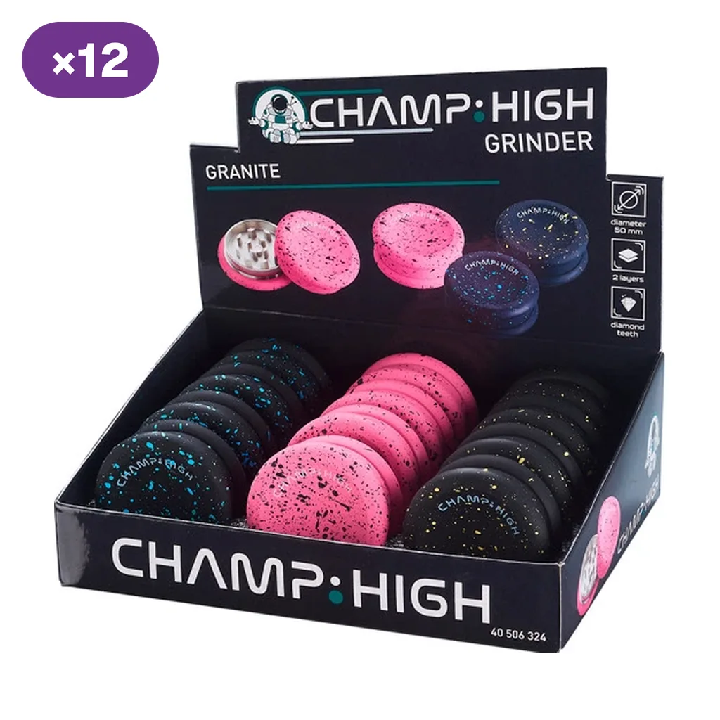 Expositor Champ High Granite con grinders rosas y oscuros de acabado moteado; el cartel muestra un modelo abierto de dos partes.
