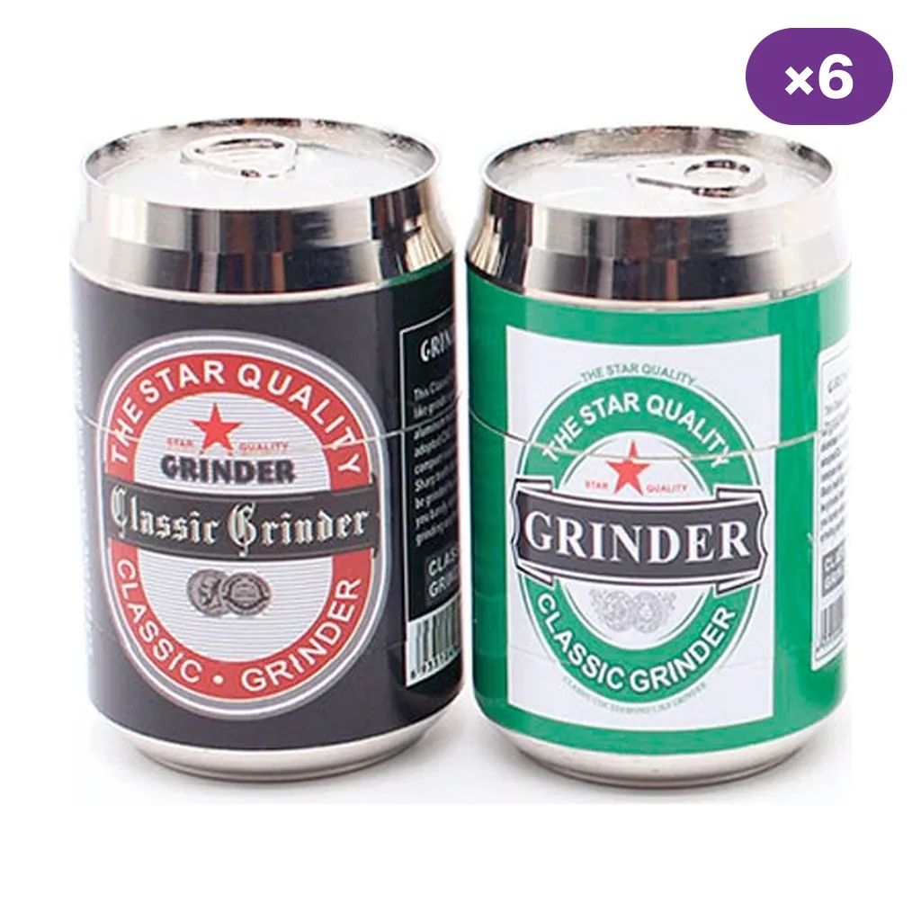 Dos modelos de grinder con forma de lata de bebida, uno negro y otro verde, con bordes plateados y distintivo «×6».