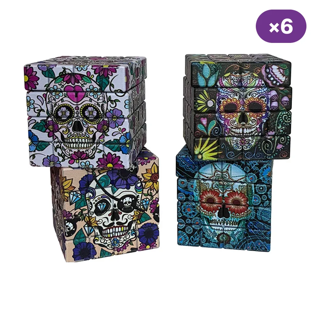 Varios modelos de grinder Hibron con forma de cubo y diseños de calaveras, flores y arabescos de colores; distintivo de 6 unidades.