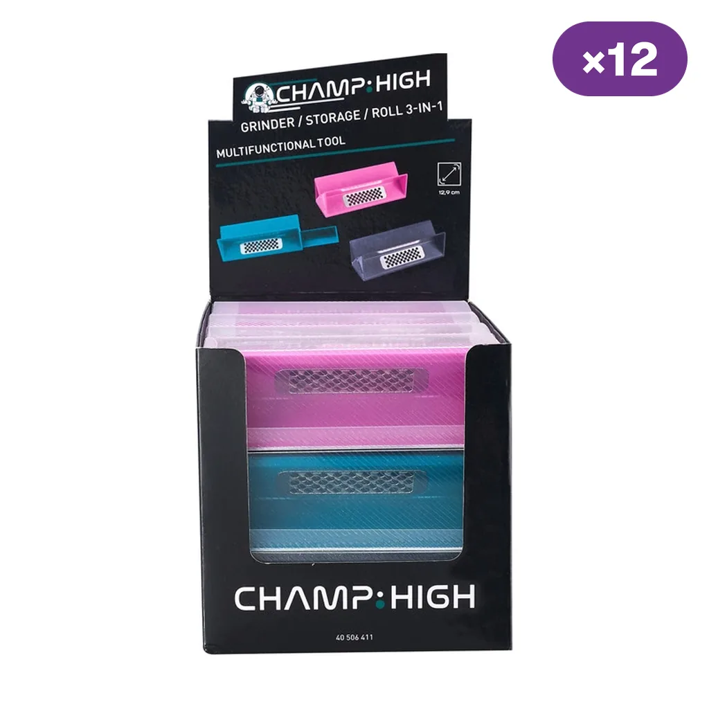 Expositor Champ High marcado con 12 unidades de grinder multifunción, con modelos rectangulares de colores y rejilla visible.