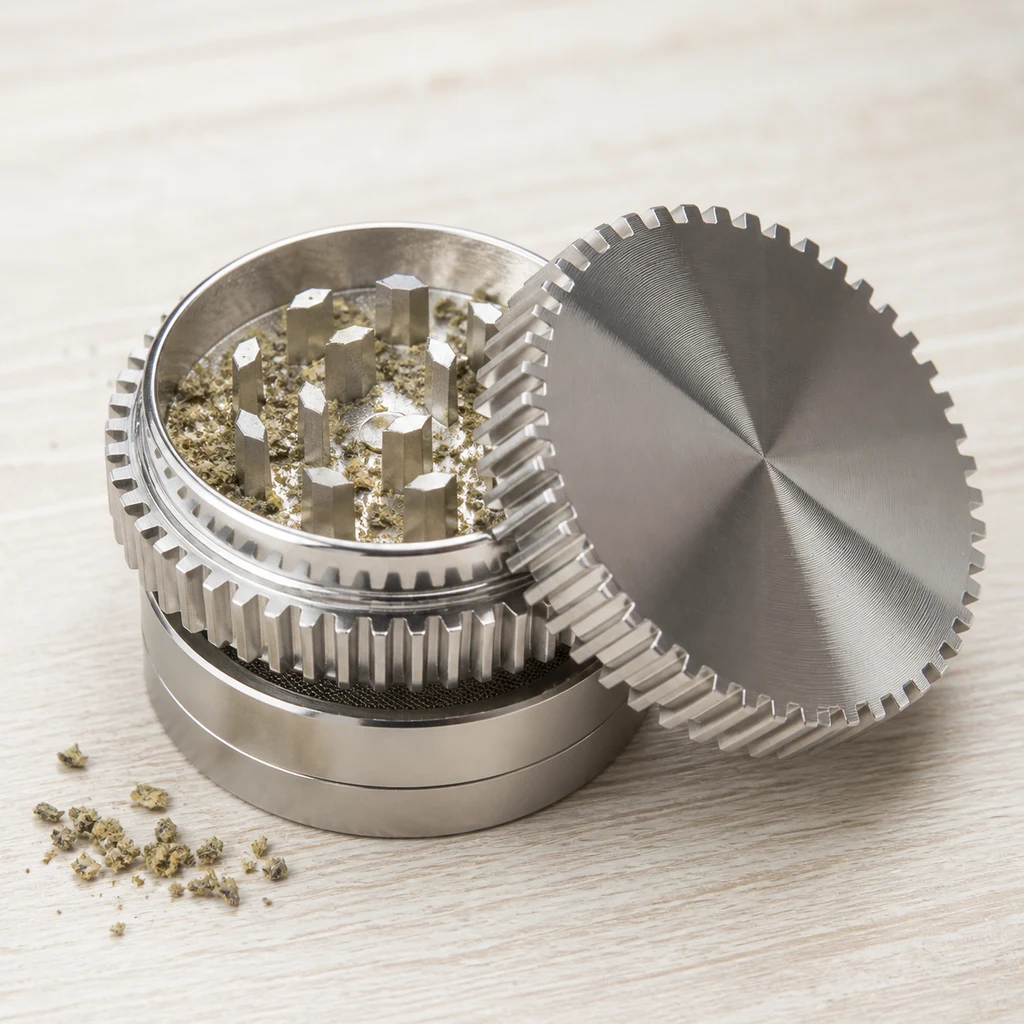 Grinder Metálico Gear abierto sobre una mesa, con dientes y restos vegetales visibles y la tapa estriada apoyada de lado.