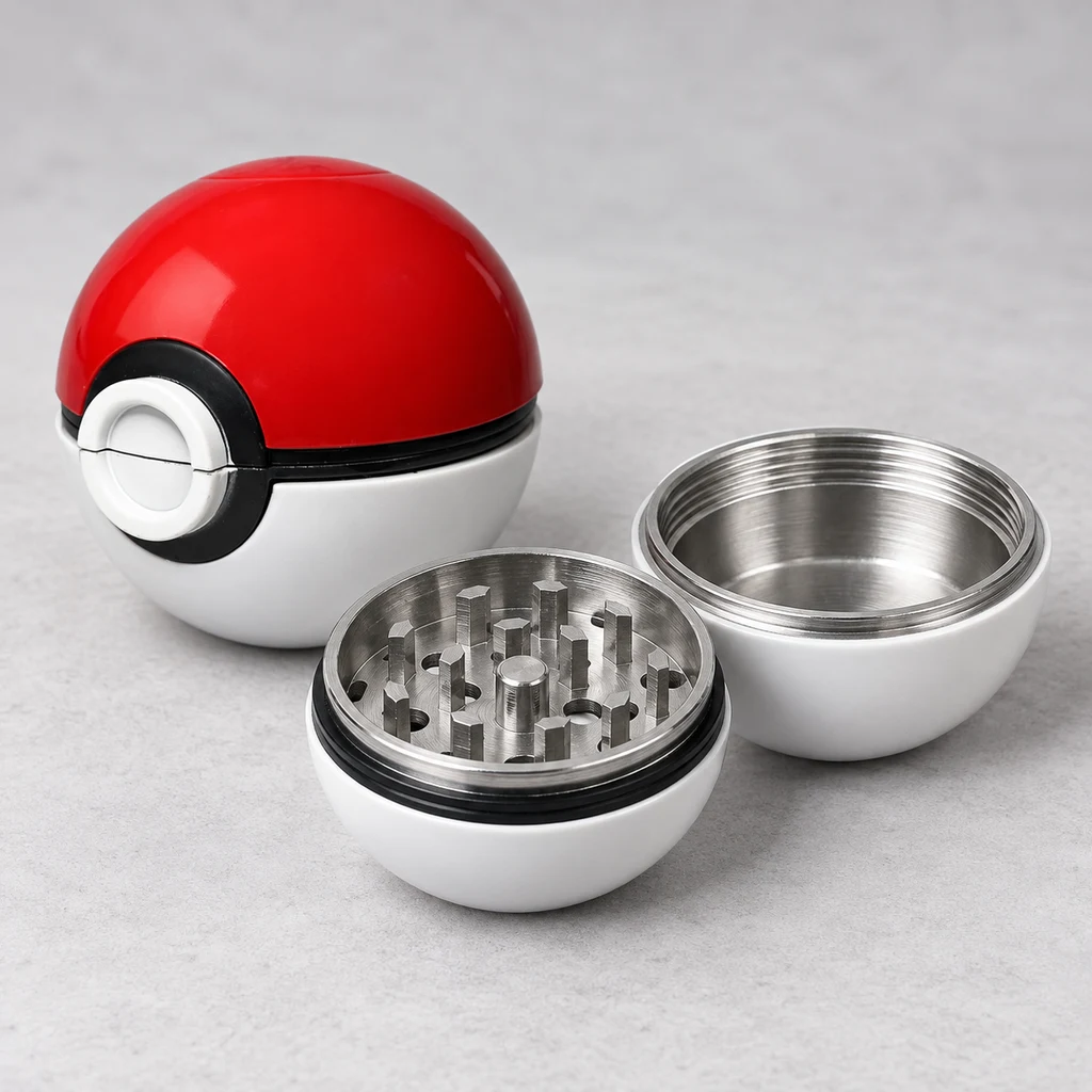 Grinder Pokémon esférico rojo, blanco y negro, mostrado cerrado y desmontado con dientes y compartimento interior visibles.
