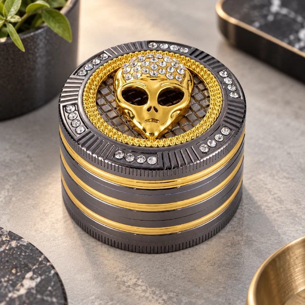 Grinder Champ High Alien negro y dorado sobre una mesa, con cabeza de alien dorada y adornos brillantes en la tapa.
