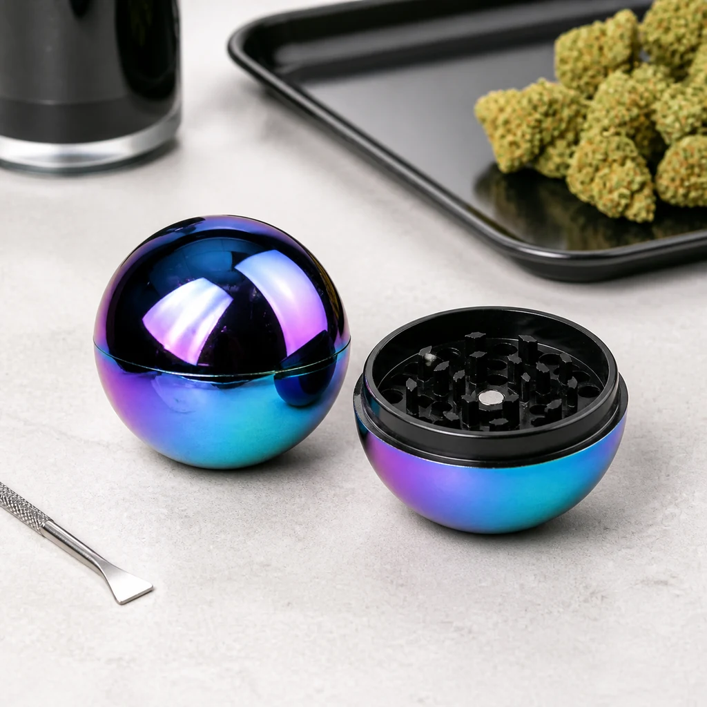 Molinillo Rainbow Pokeball de forma esférica y acabado azul y violeta, mostrado cerrado y abierto con los dientes negros a la vista. Molinillo Rainbow Pokeball de forma esférica y acabado azul y violeta, mostrado cerrado y abierto con los dientes negros a la vista.