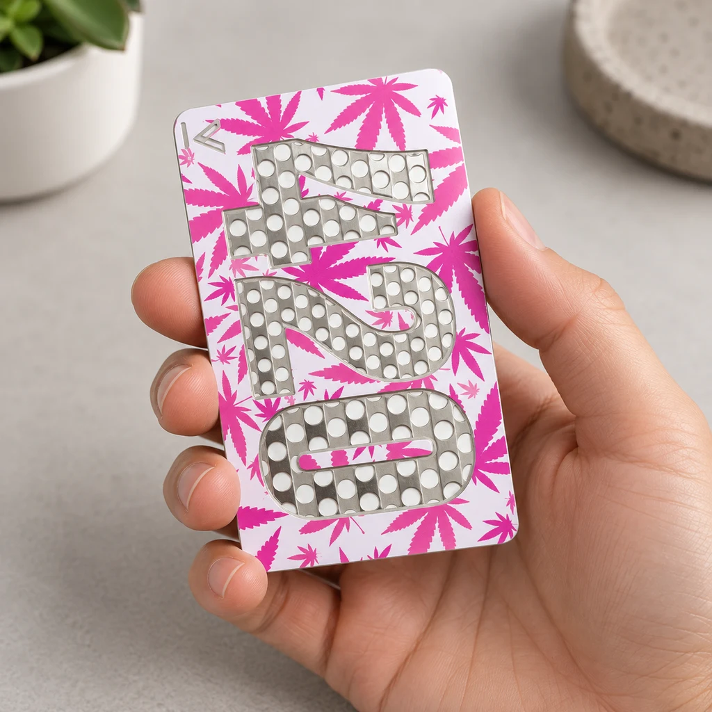 Una mano sostiene el grinder de tarjeta 420 Pink, blanco con hojas rosas y zonas metálicas perforadas que forman el número 420. Una mano sostiene el grinder de tarjeta 420 Pink, blanco con hojas rosas y zonas metálicas perforadas que forman el número 420.