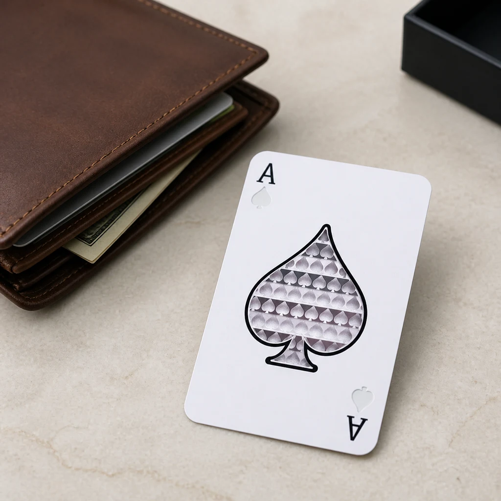 Molinillo Ace of Spades con forma de carta de as de picas y zona central texturizada, junto a una cartera marrón sobre una mesa clara. Molinillo Ace of Spades con forma de carta de as de picas y zona central texturizada, junto a una cartera marrón sobre una mesa clara.