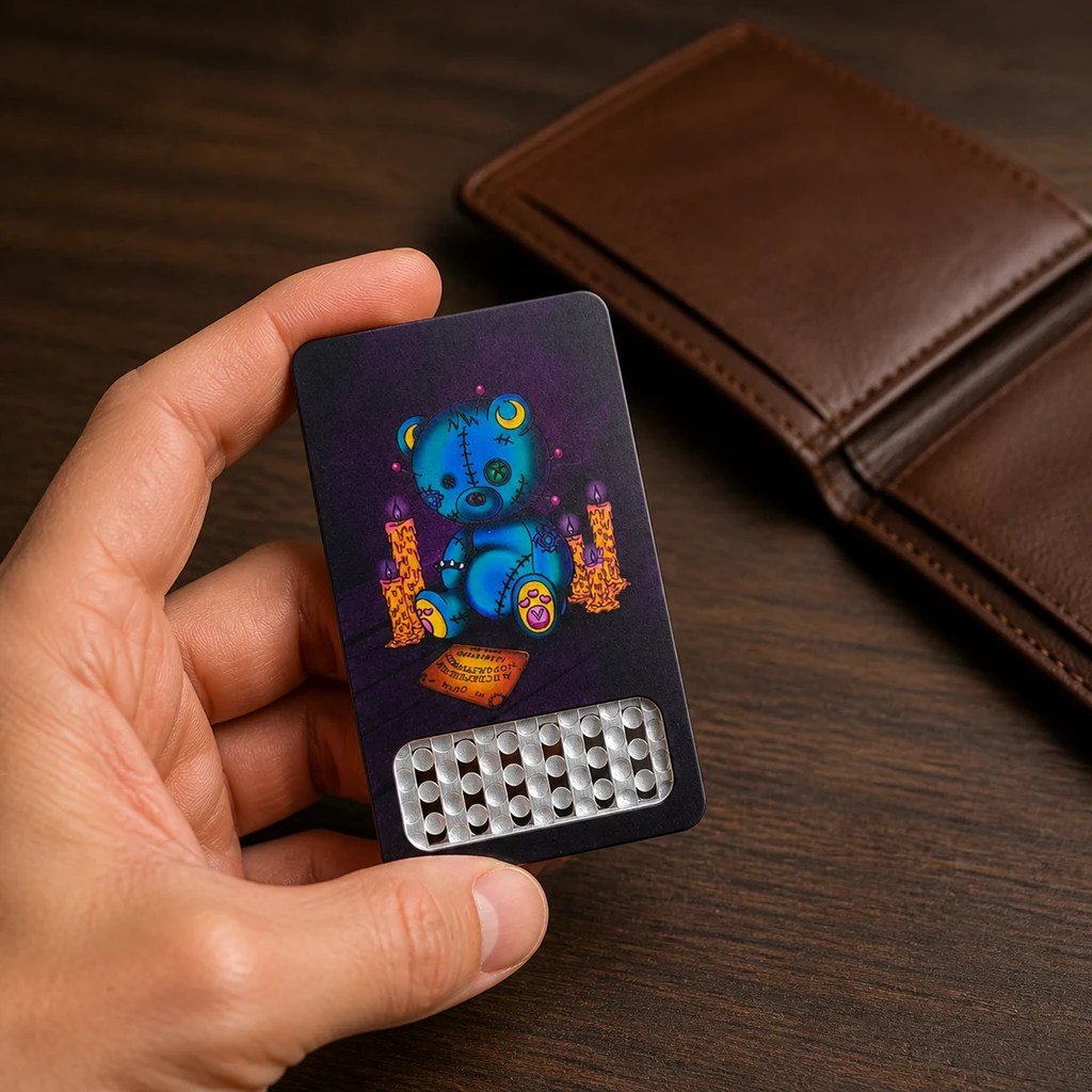 Una mano sostiene el grinder tarjeta Ouija Bear, con un oso azul entre velas y zona ralladora metálica, junto a una cartera. Una mano sostiene el grinder tarjeta Ouija Bear, con un oso azul entre velas y zona ralladora metálica, junto a una cartera.