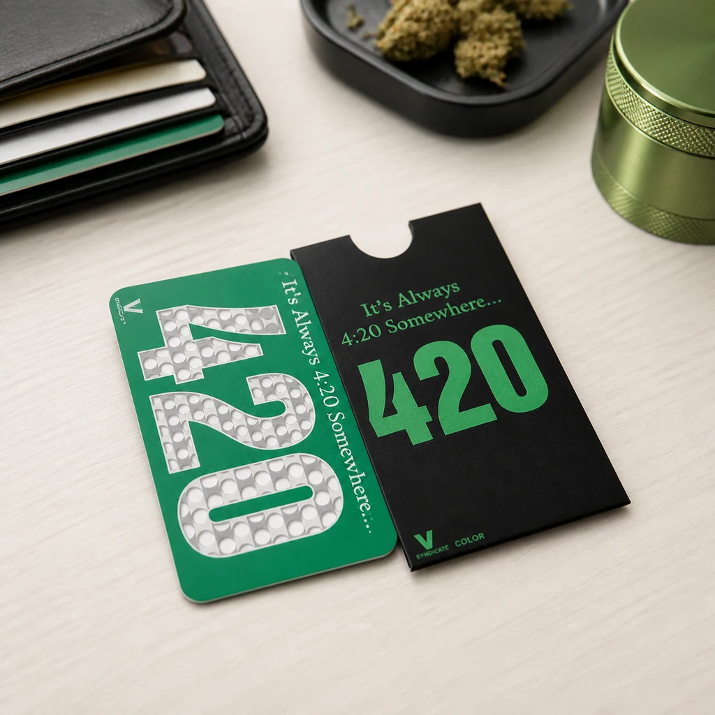 Grinder de tarjeta verde con perforaciones formando 420, junto a su funda negra, una cartera y accesorios sobre una mesa clara. Grinder de tarjeta verde con perforaciones formando 420, junto a su funda negra, una cartera y accesorios sobre una mesa clara.