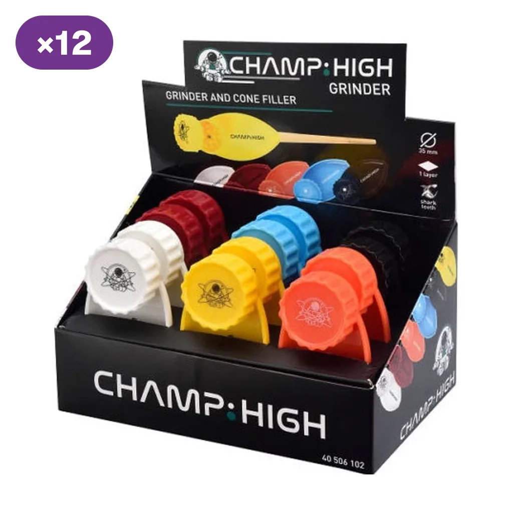 Expositor Champ High con grinders y accesorios para rellenar conos de varios colores; un distintivo indica doce unidades.