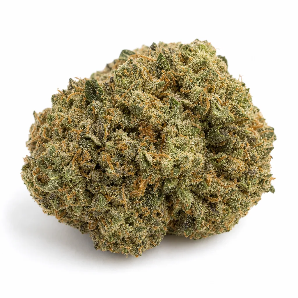 Primer plano de un cogollo de Grizzly Purple Kush, de forma redondeada, con tonos verdes, filamentos anaranjados y abundantes tricomas.