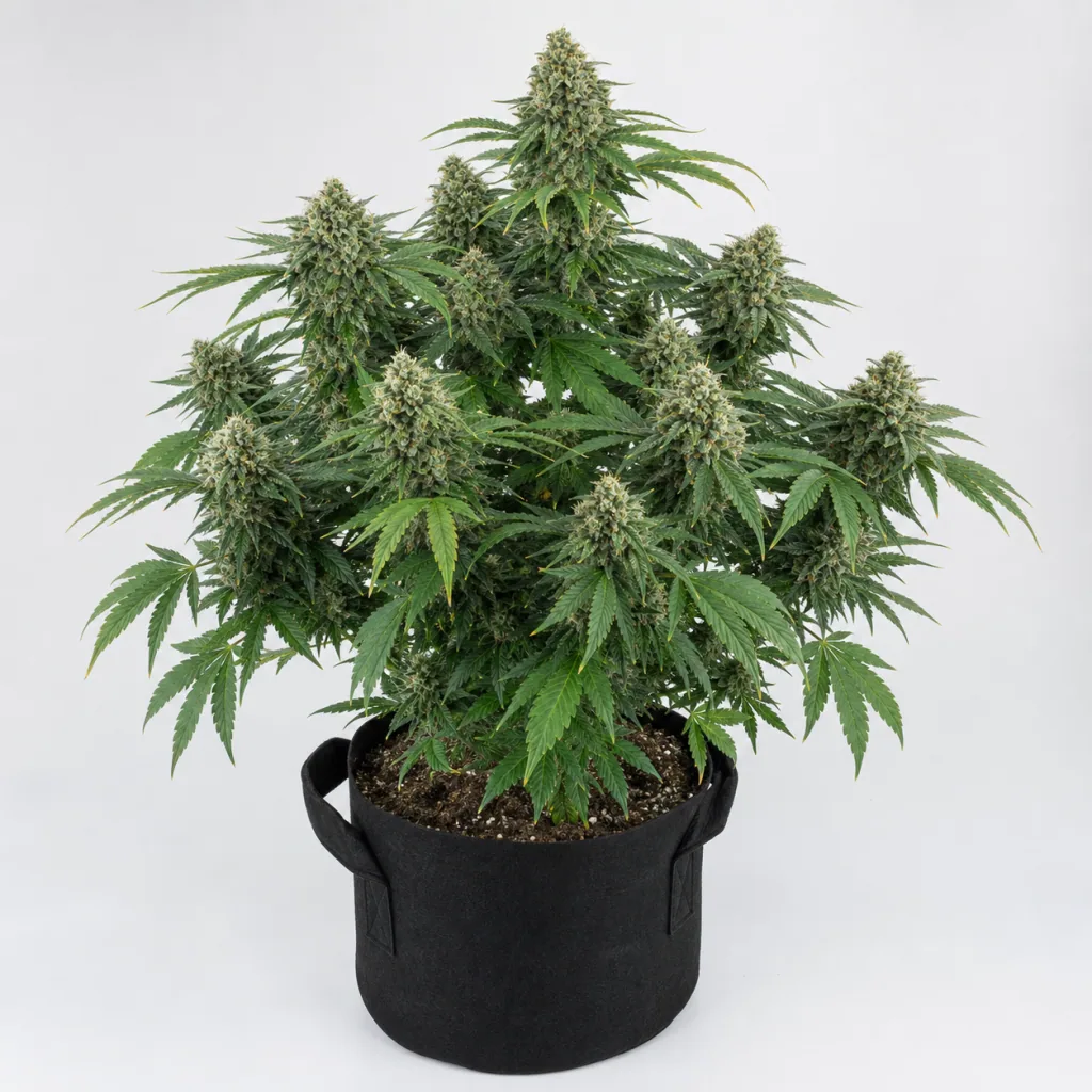 Planta de Grizzly Purple Kush en floración, con varias ramas cargadas de cogollos y hojas verdes, en maceta textil negra sobre fondo blanco.