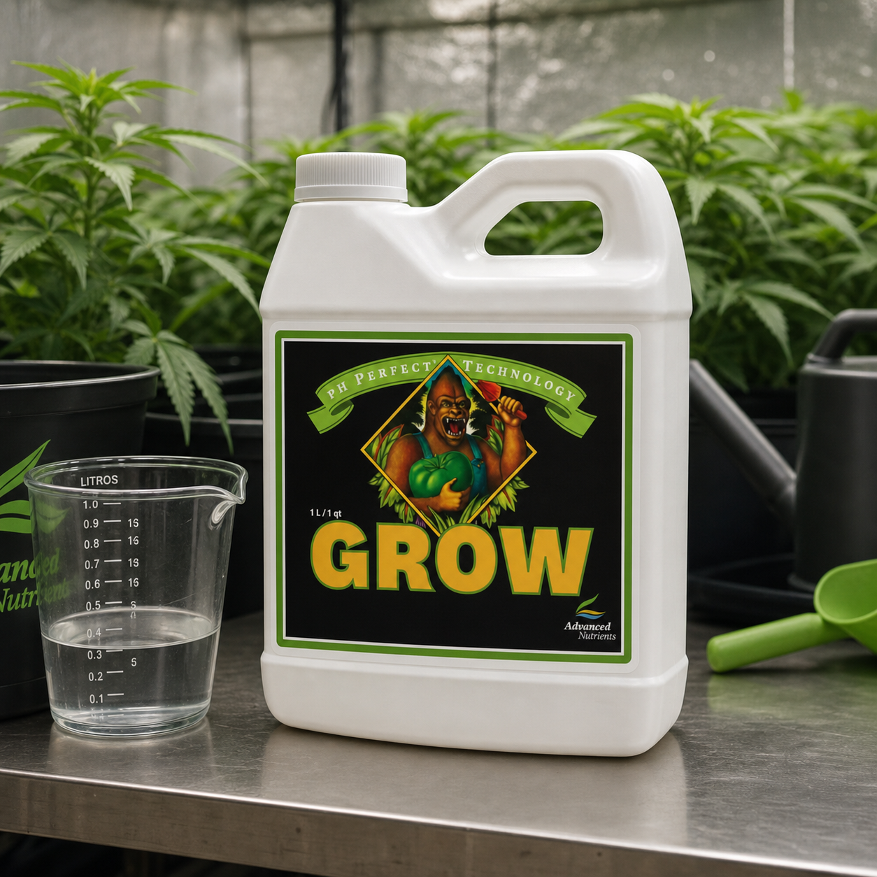 Envase blanco de Grow pH Perfect de Advanced Nutrients junto a un vaso graduado con líquido, con plantas al fondo.