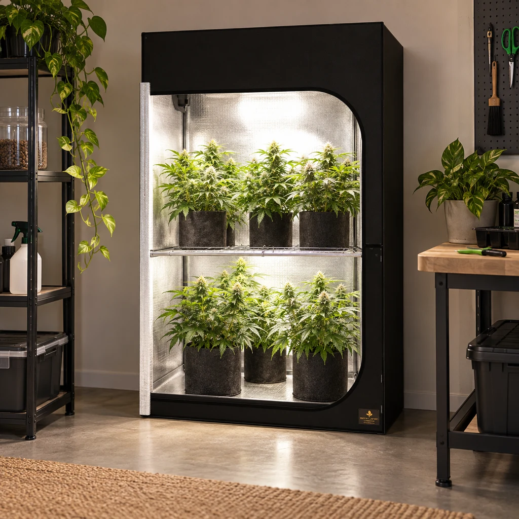 Armario de cultivo negro abierto, con interior reflectante iluminado y plantas en macetas distribuidas en dos niveles.