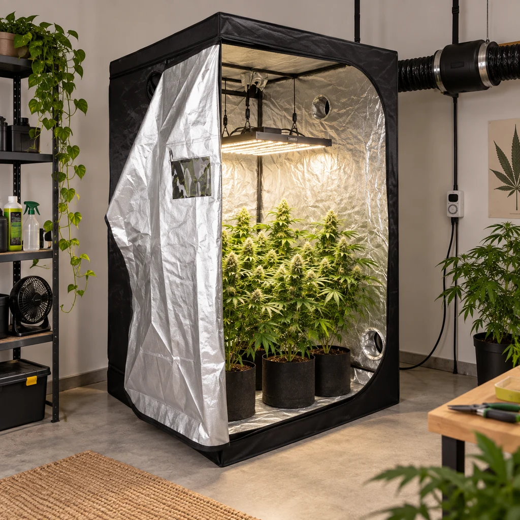Escena generada de una tienda de cultivo abierta, con interior reflectante, plantas en macetas, lámpara suspendida y conducto de ventilación.
