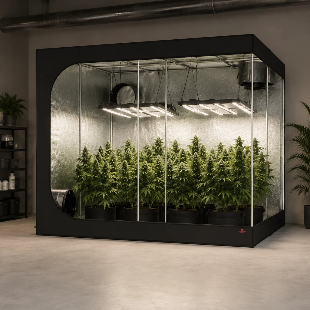 Armario de cultivo negro con frontal abierto, interior reflectante, lámparas suspendidas y varias plantas en macetas.
