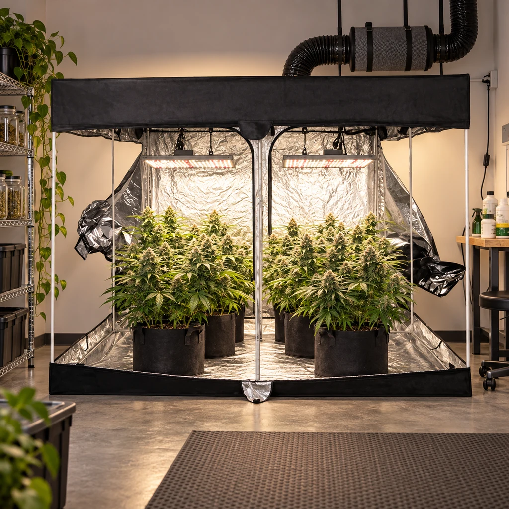Armario de cultivo abierto con interior reflectante, plantas en macetas, paneles de iluminación y conductos de ventilación superiores.