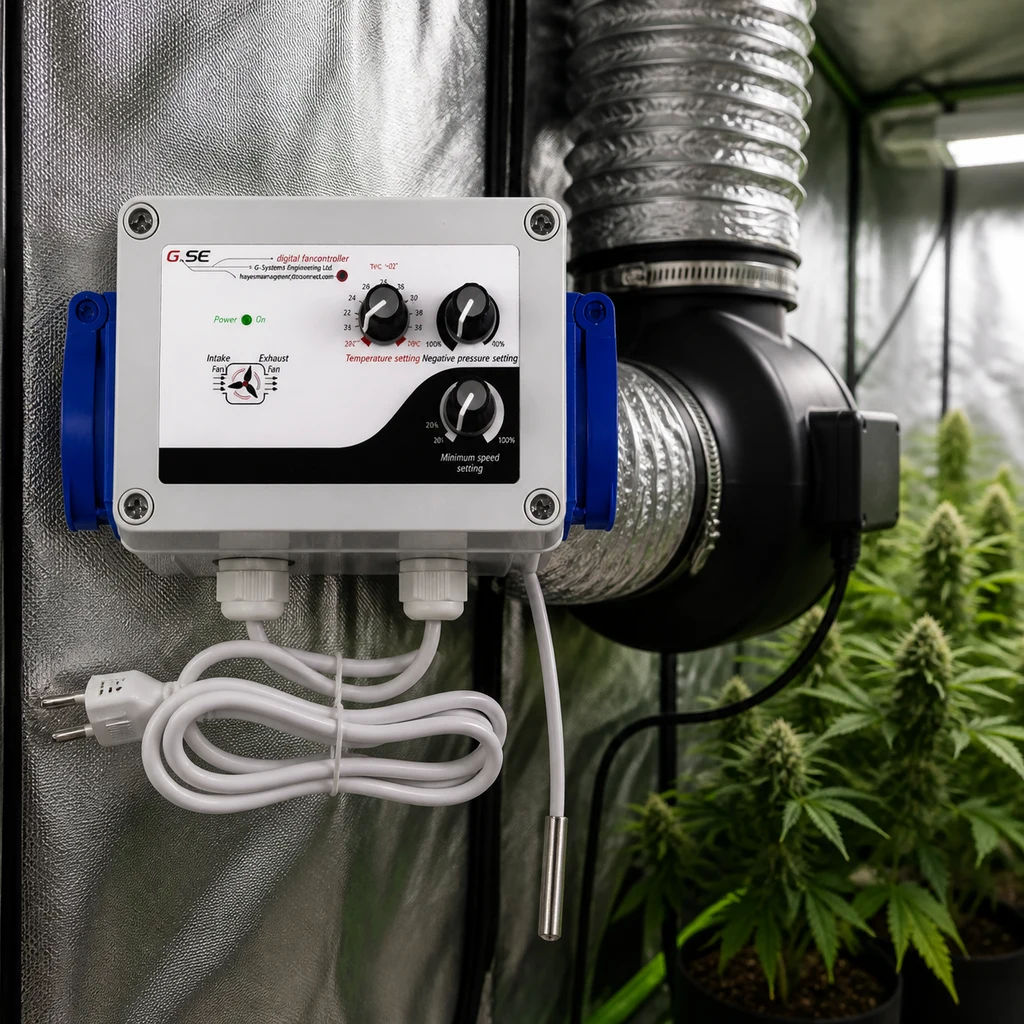 Escena generada del controlador GSE con tres mandos, cable y sonda, junto a un extractor y conductos en un armario con plantas.