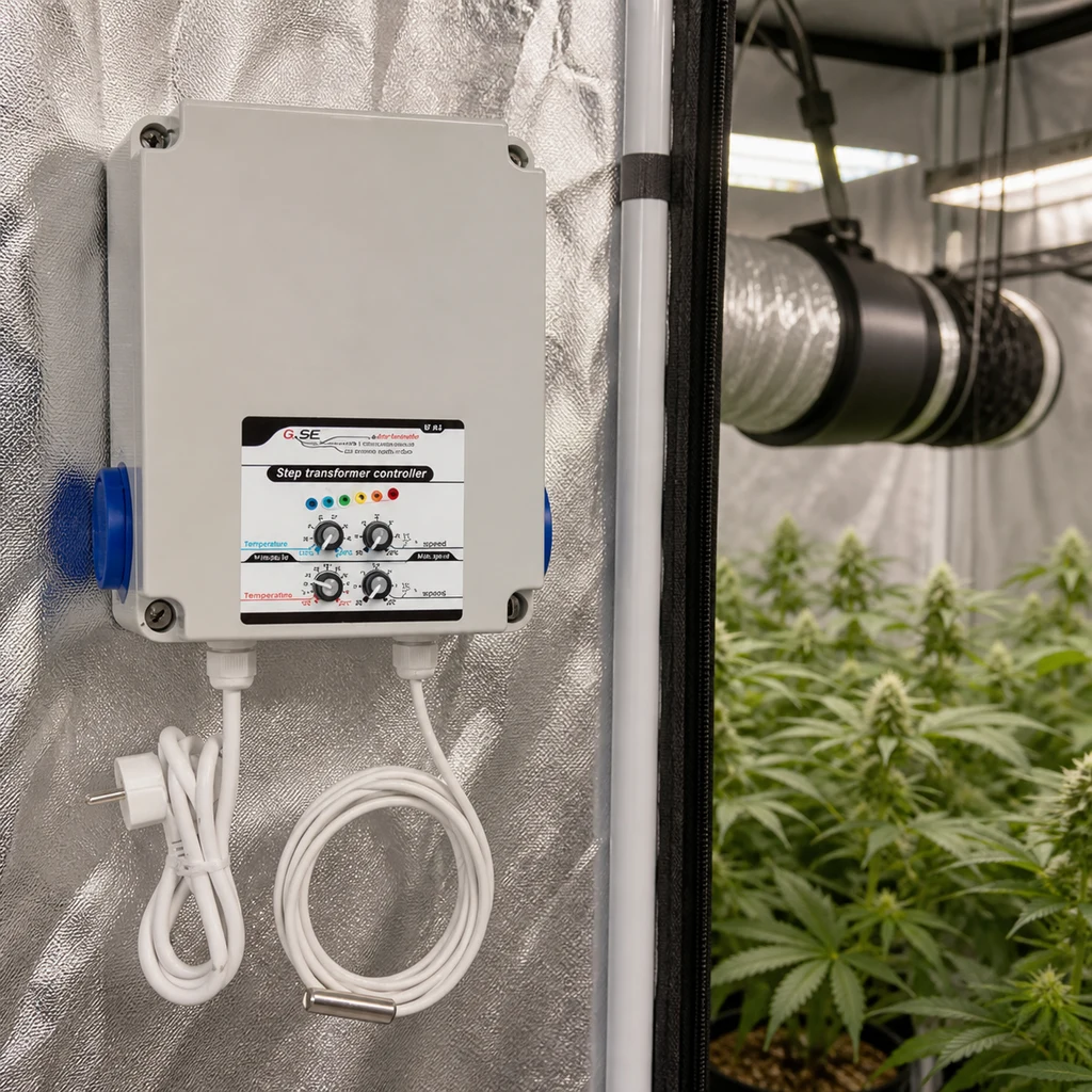 Controlador GSE Step Transformer con cuatro mandos, cables y sonda, montado junto a un armario con plantas y conducto de ventilación.