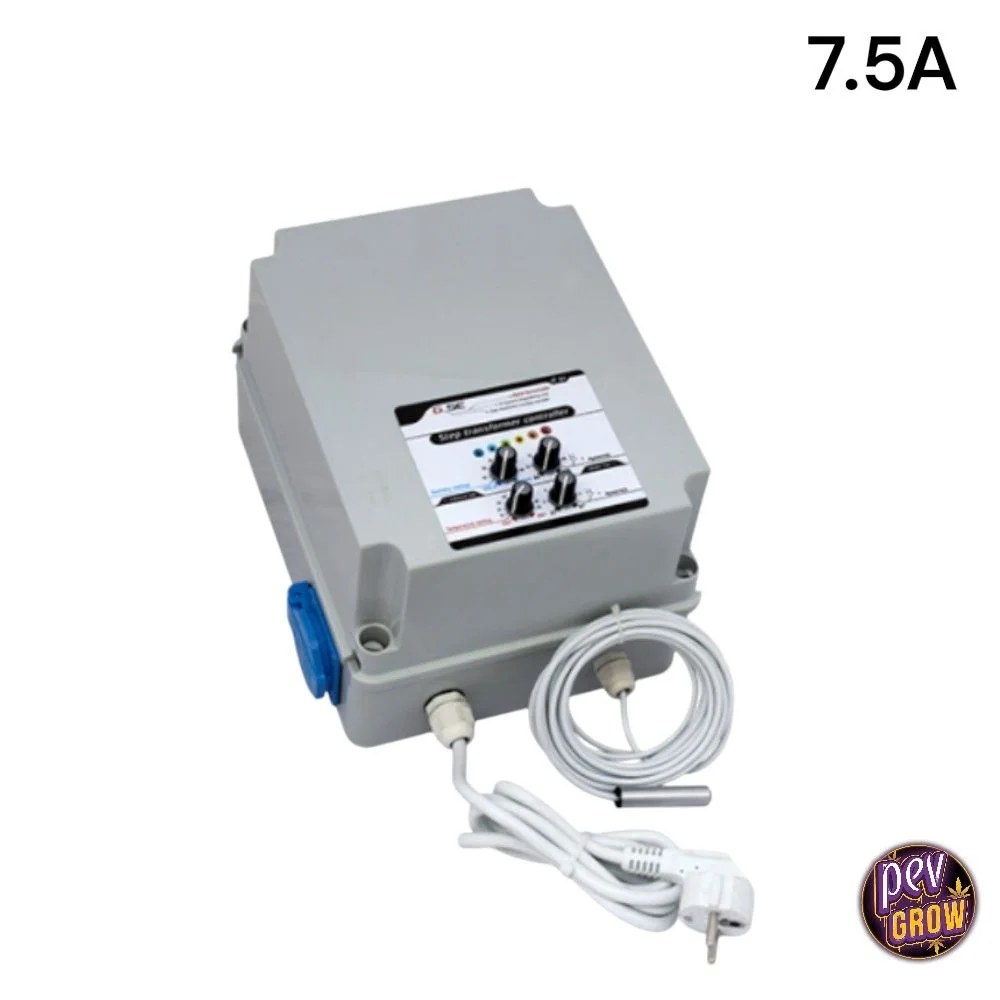 Controlador GSE Step Transformer en caja gris con mandos frontales, toma azul, cable con enchufe y sonda; aparece la indicación 7.5 A.