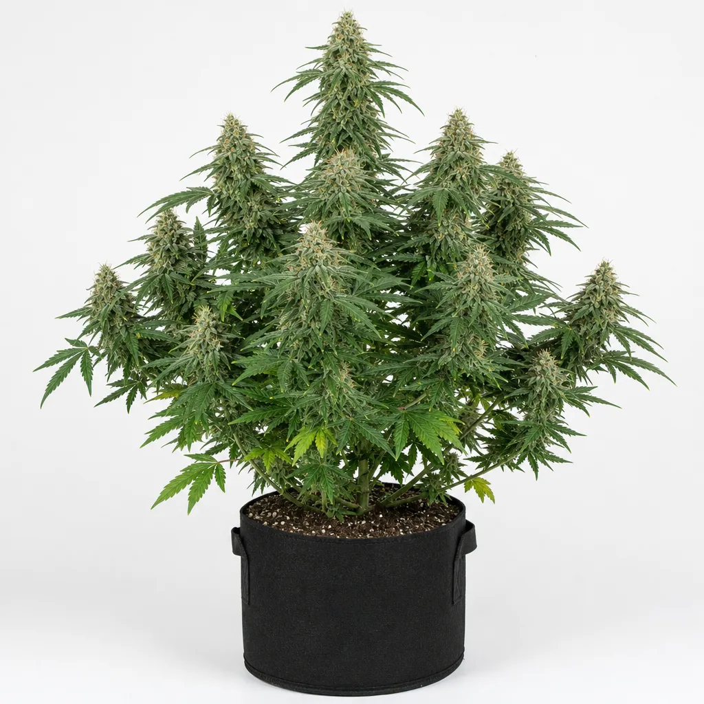 Planta de Guanabana Feminizada en maceta textil negra, con numerosas ramas floridas y un cogollo central alto sobre fondo blanco.