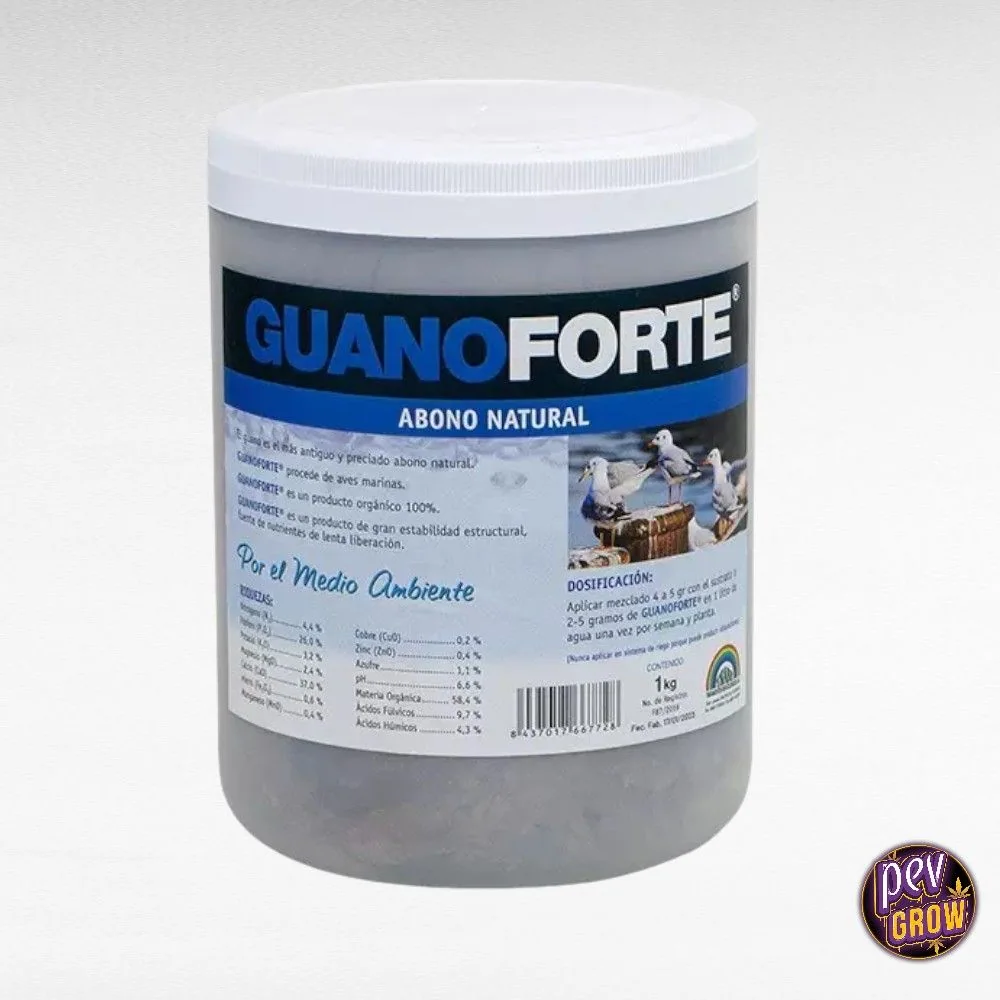 Bote de GuanoForte Trabe con tapa blanca y etiqueta azul y blanca que indica «Abono natural» y un contenido de 1 kg.